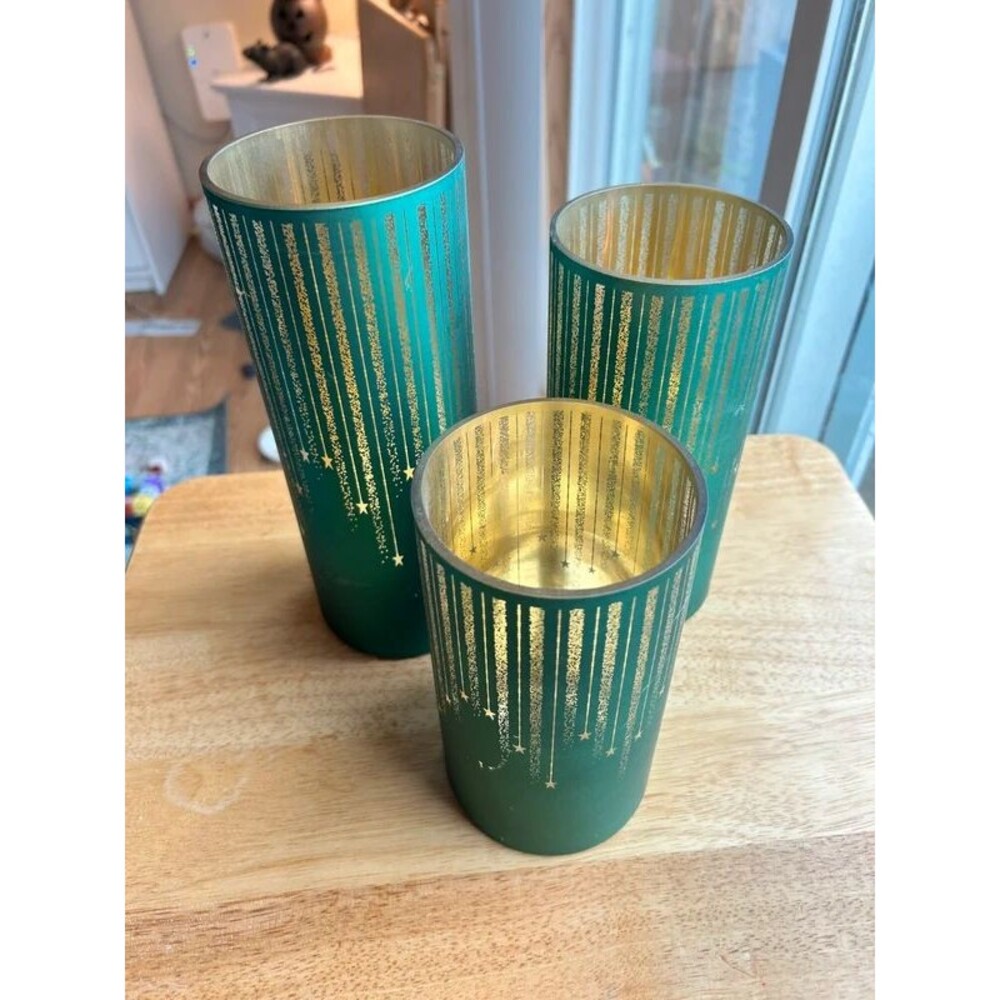 Valerie Parr Hill Starry Night Hurricanes Set of 3 Teal Gold Glass Candleholders